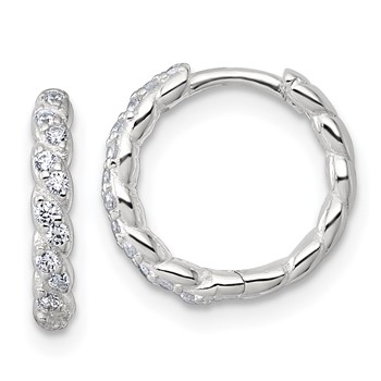 Sterling Silver Polished and Twisted 2.2mm x 12mm CZ Hinged Round Hoop Earrings