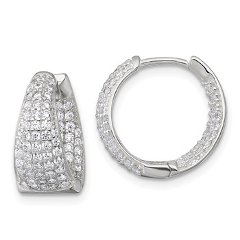 Sterling Silver Polished Tapered In and Out CZ 16mm Hinged Round Hoop Earrings