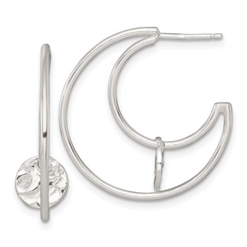 Sterling Silver Polished Textured Moveable Disc Fancy Crescent Moon C-Hoop Post Earrings
