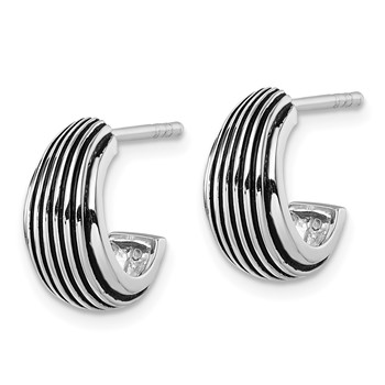 Sterling Silver Rhodium-plated Antiqued Grooved Graduated J-Hoop Post Earrings — alternate view