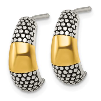 Sterling Silver and Gold-tone Polished Antiqued Textured Post J-Hoop Earrings — alternate view