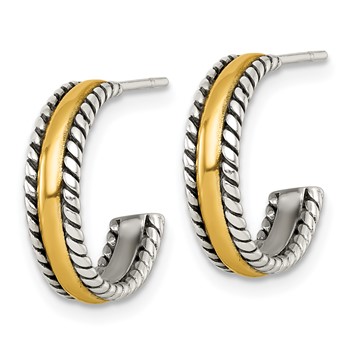 Sterling Silver and Gold-tone Antiqued Textured Post C-Hoop Earrings — alternate view