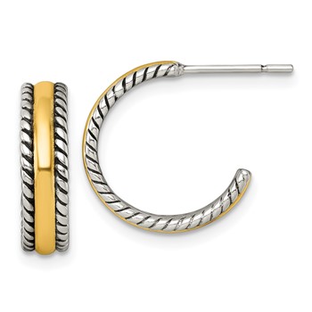 Sterling Silver and Gold-tone Antiqued Textured Post C-Hoop Earrings