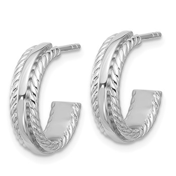Sterling Silver Rhodium-plated Polished and Grooved 4.5mm x 15mm C-Hoop Post Earrings — alternate view