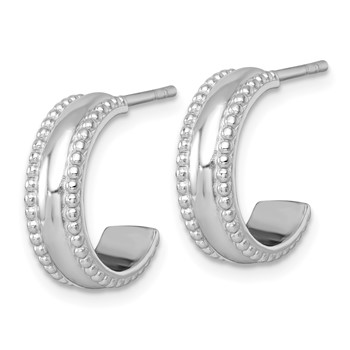 Sterling Silver Rhodium-plated Polished Beaded 5.2 x 15mm C-Hoop Post Earrings — alternate view