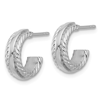 Sterling Silver Rhodium-plated Polished and Grooved 4.5mm x 13mm C-Hoop Post Earrings — alternate view