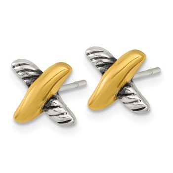Sterling Silver and Gold-tone Polished and Antiqued X Post Earrings — alternate view
