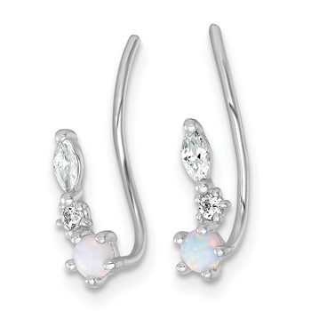 Sterling Silver Rhodium-plated Polished CZ and Lab Created Opal Ear Climber Earrings — alternate view