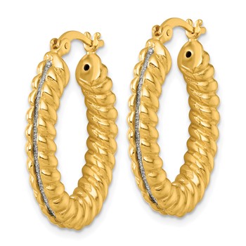 Sterling Silver Gold-tone Polished and Twisted Glitter Oval Hoop Earrings — alternate view