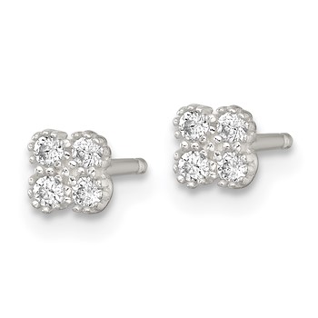 Sterling Silver Polished Textured White CZ 4.3mm Quatrefoil Post Earrings — alternate view