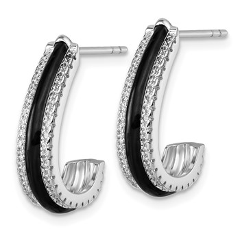 Sterling Silver Rhodium-plated CZ with Black Enamel J-Hoop Post Earrings — alternate view