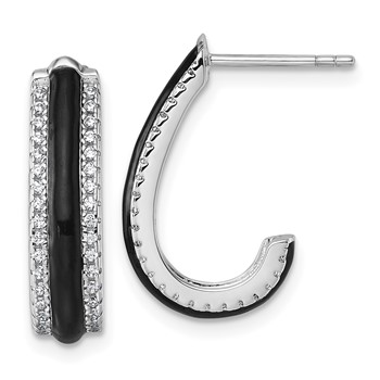 Sterling Silver Rhodium-plated CZ with Black Enamel J-Hoop Post Earrings