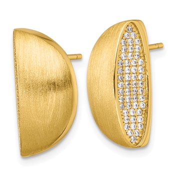 Sterling Silver Gold-tone Polished and Brushed Pave CZ Half Circle Post Earrings — alternate view