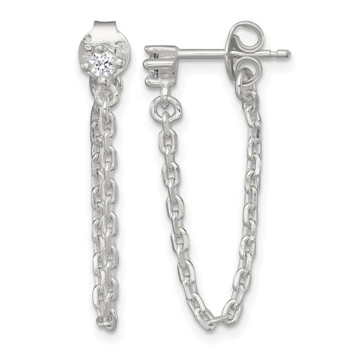 Sterling Silver Polished CZ Dangling Chain Post Earrings