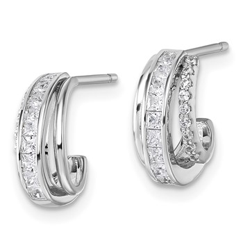 Sterling Silver Rhodium-plated CZ 3-Row Polished J-Hoop Post Earrings — alternate view