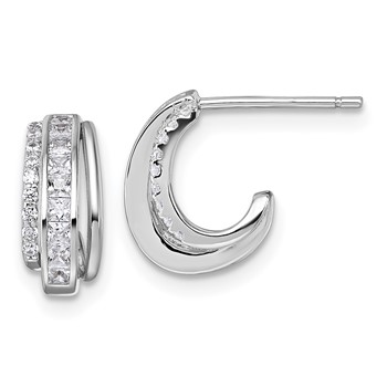 Sterling Silver Rhodium-plated CZ 3-Row Polished J-Hoop Post Earrings