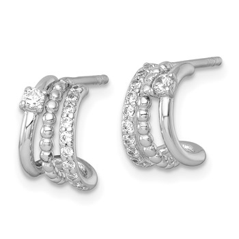 Sterling Silver Rhodium-plated Polished Beaded CZ Post C-Hoop Earrings — alternate view