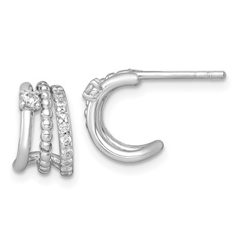 Sterling Silver Rhodium-plated Polished Beaded CZ Post C-Hoop Earrings