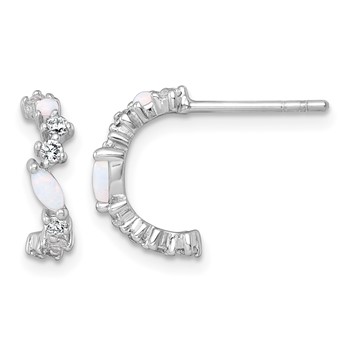 Sterling Silver Rhodium-plated Polished CZ and Lab Created Opal Post C-Hoop Earrings