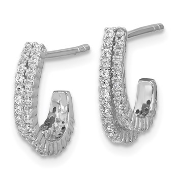 Sterling Silver Rhodium-plated CZ Polished Double Row J-Hoop Post Earrings — alternate view