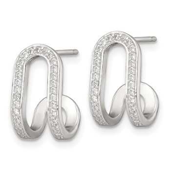 Sterling Silver Polished White CZ Curved J-Hoop Post Earrings — alternate view