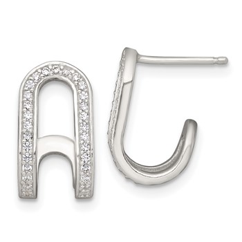 Sterling Silver Polished White CZ Curved J-Hoop Post Earrings