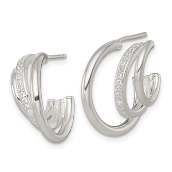 Sterling Silver Polished CZ 3-Row C-Hoop Post Earrings — alternate view