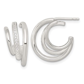 Sterling Silver Polished CZ 3-Row C-Hoop Post Earrings