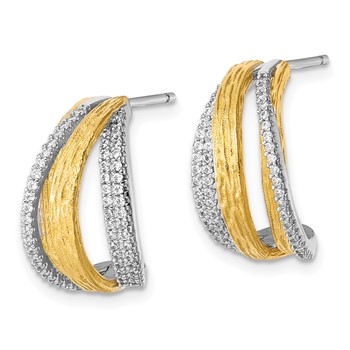 Sterling Silver Rhodium and Gold-tone CZ Brushed and Polished Curved J-Hoop Post Earrings — alternate view