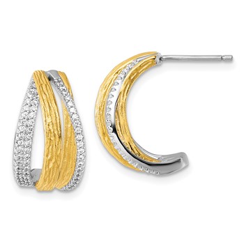 Sterling Silver Rhodium and Gold-tone CZ Brushed and Polished Curved J-Hoop Post Earrings