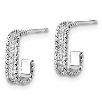 Sterling Silver Rhodium-plated CZ Rope Edge Rectangle J-Hoop Post Earrings — alternate view