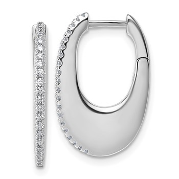 Sterling Silver Rhodium-plated CZ Polished Oval Hinged Hoop Earrings