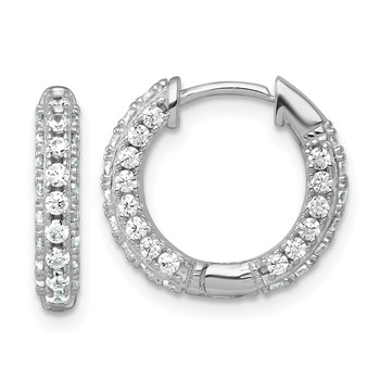 Sterling Silver Rhodium-plated Polished CZ Round Hinged Hoop Earrings