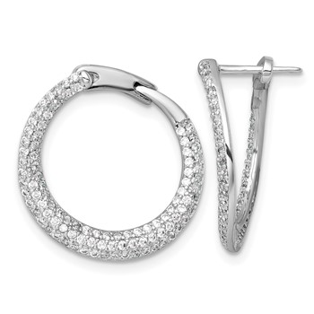 Sterling Silver Rhodium-plated Polished Micro Pave CZ Round Offset Hinged Hoop Earrings