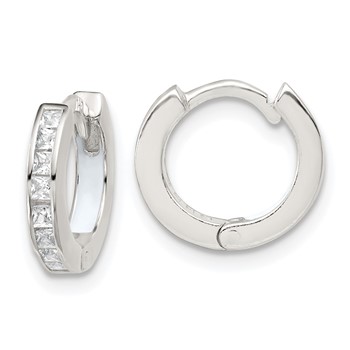 Sterling Silver Polished CZ and White Enamel In and Out 13mm Hinged Round Hoop Earrings