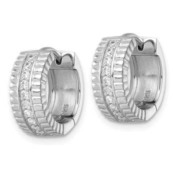 Sterling Silver Rhodium-plated Polished and Grooved CZ 6.2mm Hinged Hoop Earrings — alternate view