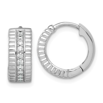 Sterling Silver Rhodium-plated Polished and Grooved CZ 6.2mm Hinged Hoop Earrings
