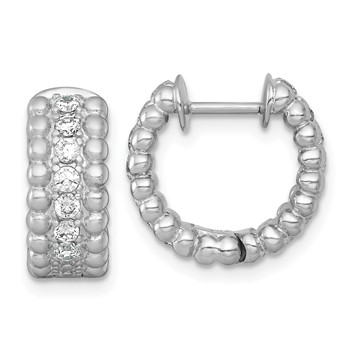 Sterling Silver Rhodium-plated Polished and Beaded CZ Round Hinged Hoop Earrings
