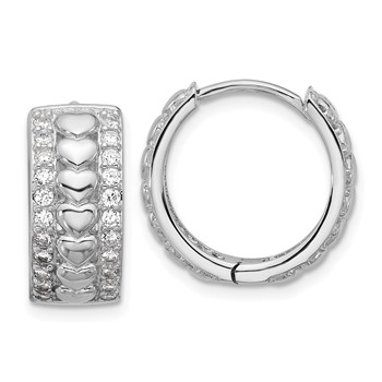 Sterling Silver Rhodium-plated CZ Polished Hearts Hinged Hoop Earrings