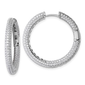 Sterling Silver Rhodium-plated In and Out CZ Pave 3.1 x 29mm Hinged Hoop Earrings