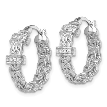 Sterling Silver Rhodium-plated Polished CZ Byzantine Link Round Hoop Earrings — alternate view