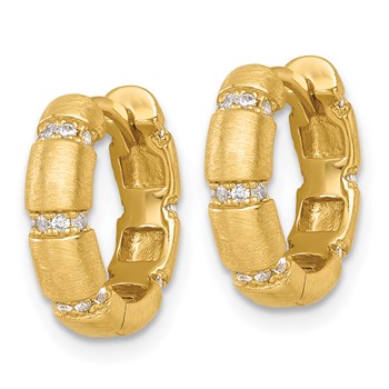 Sterling Silver Gold-Tone Polished and Textured CZ 4.0mm Round Hinged Hoop Earrings — alternate view