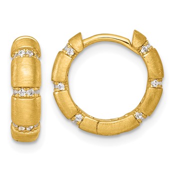 Sterling Silver Gold-Tone Polished and Textured CZ 4.0mm Round Hinged Hoop Earrings