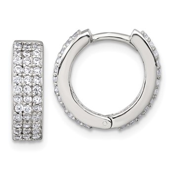 Sterling Silver Polished 16x4.5mm 3-Row CZ Hinged Round Hoop Earrings