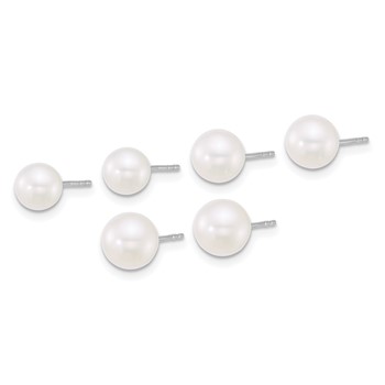 Sterling Silver Rhodium-plated 5-6mm/6-7mm/7-8mm Round White Freshwater Cultured Pearl Post Earring Set — alternate view