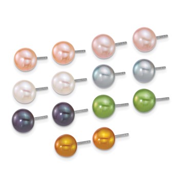 Sterling Silver Rhodium-plated 7-8mm Button White/Pink/Yellow/Peach/Grey/Green/Black Freshwater Cultured Pearl 7-Pair Boxed Post Earring Set — alternate view