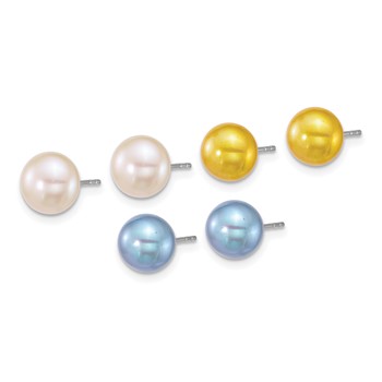 Sterling Silver Rhodium-plated 7-8mm Button White/Yellow/Blue Freshwater Cultured Pearl 3-Pair Boxed Post Earring Set — alternate view