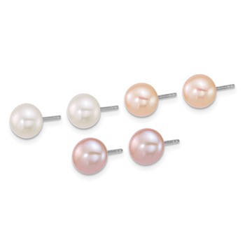 Sterling Silver Rhodium-plated 7-8mm Button White/Pink/Peach Freshwater Cultured Pearl 3-Pair Boxed Post Earring Set — alternate view