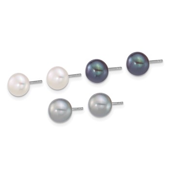 Sterling Silver Rhodium-plated 7-8mm Button White/Grey/Black Freshwater Cultured Pearl 3-Pair Boxed Post Earring Set — alternate view