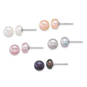Sterling Silver Rhodium-plated 7-8mm Button White/Pink/Peach/Grey/Black Freshwater Cultured Pearl 5-Pair Boxed Earring Set